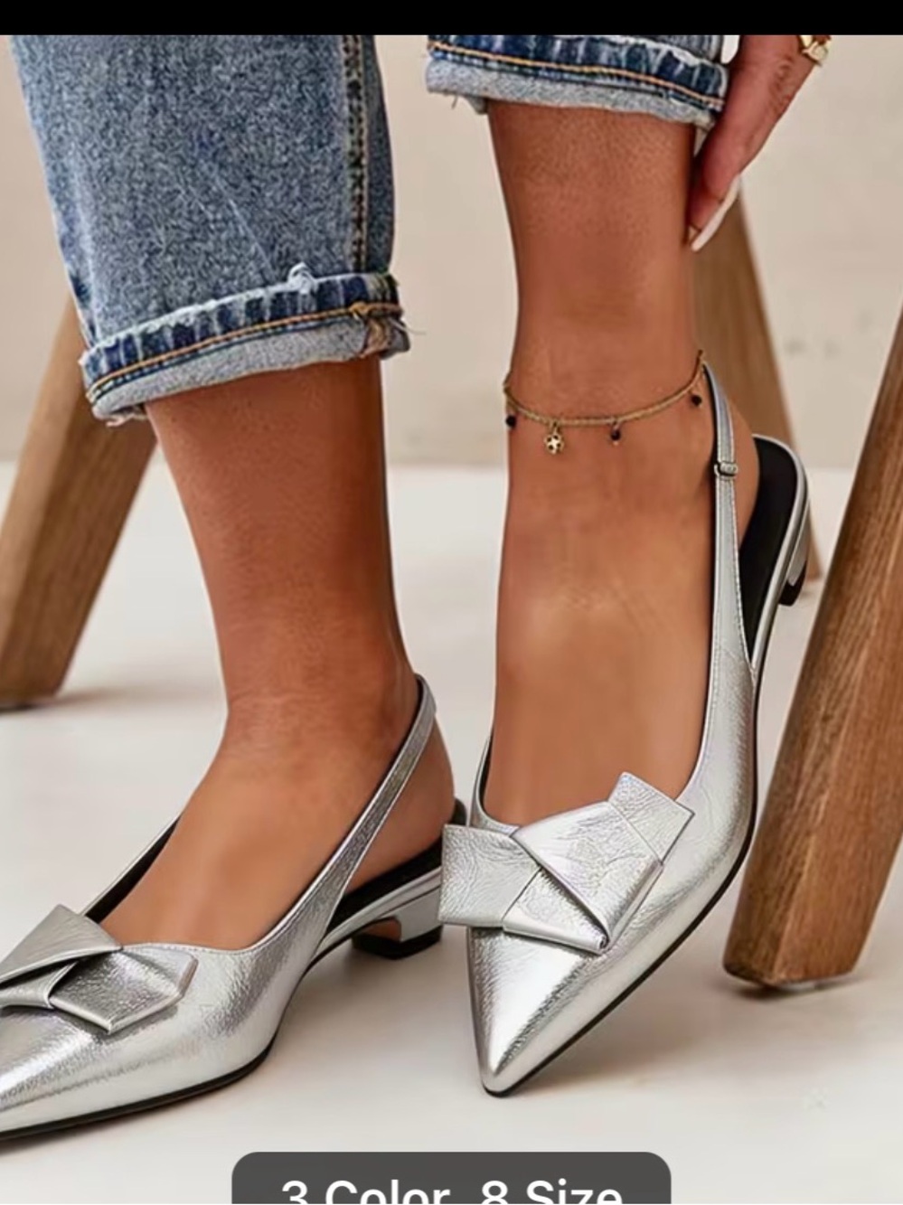 Women’s silver Pointed Toe Slingback Flats with Bow
